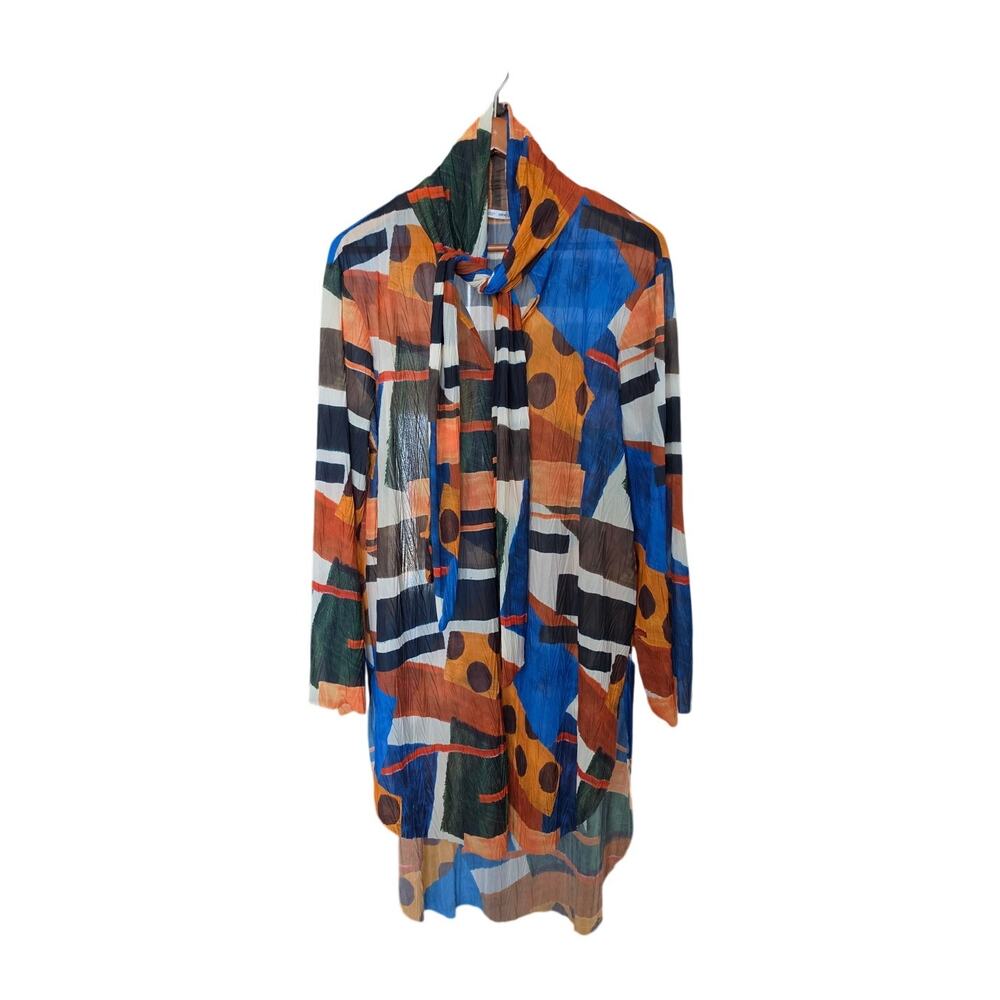 Zara Print Polka Dots Stripe Blue High Low Oversize Bow Dress size S